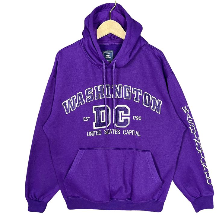 Vintage University of Washington DC Pull Over Embroidery Sweater Hoodie  * Size on Tag : M * Manual Measurement (inch) : Chest 22, Length 26, Shoulder 22, Sleeve 21, Hem 16. * Recommended for Size : M * Material : Polyester  * Colour : Purple  * Condition : Excellent  * Free Defect : No Stain, No Holes, No Tears, No Faded. * See photos for details. 2203 Hooded Outerwear With Letter Embroidery For Winter, Hip Hop Style Winter Sweatshirt For College, Hooded Purple Sweatshirt For Streetwear, Purple Hooded Sweatshirt For Streetwear, Purple Sweatshirt For Winter Streetwear, Streetwear Long Sleeve Hoodie With Letter Embroidery, Long Sleeve Hoodie With Letter Embroidery For Streetwear, Fall Streetwear Hoodie With Embroidered Logo, Oversized Winter Sweatshirt With Letter Embroidery