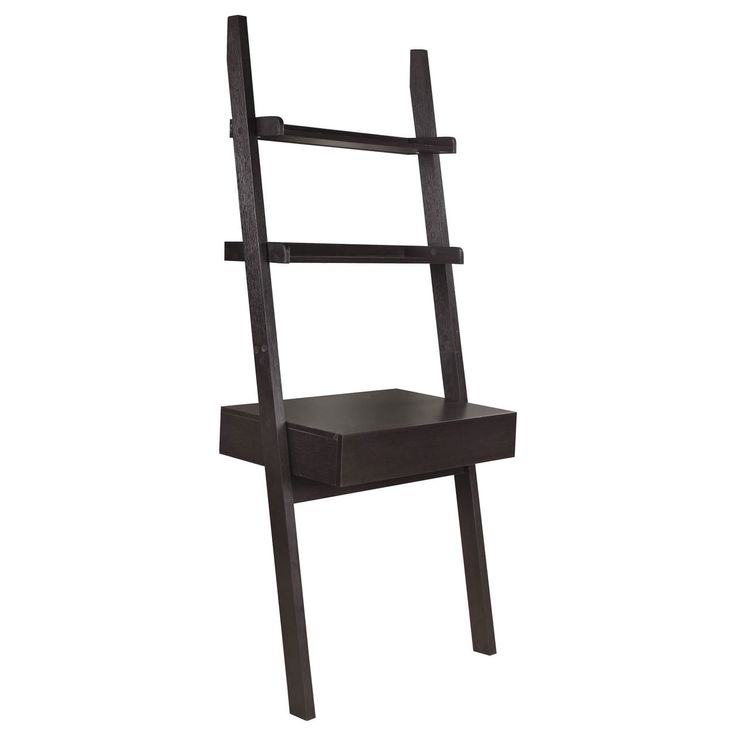 a wooden chair with a shelf on the back and bottom section in black wood, against a white background