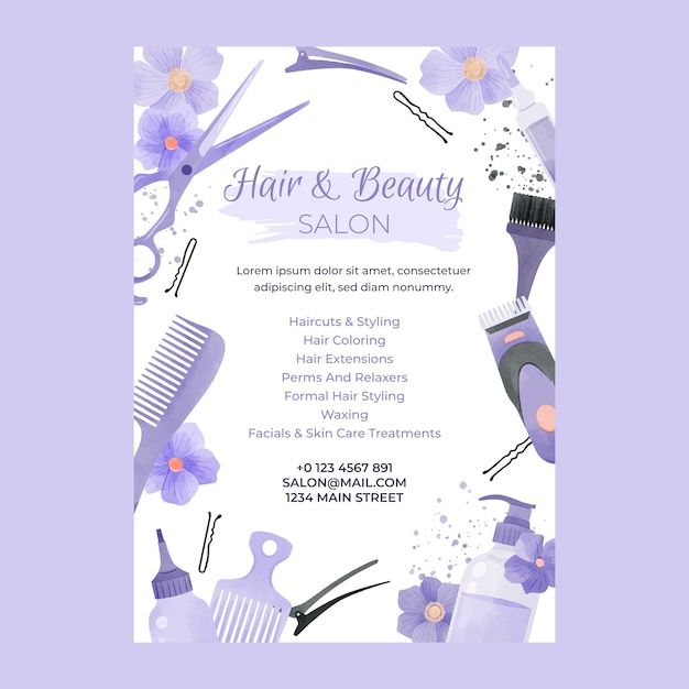 a flyer for a hair salon with scissors, combs and flowers