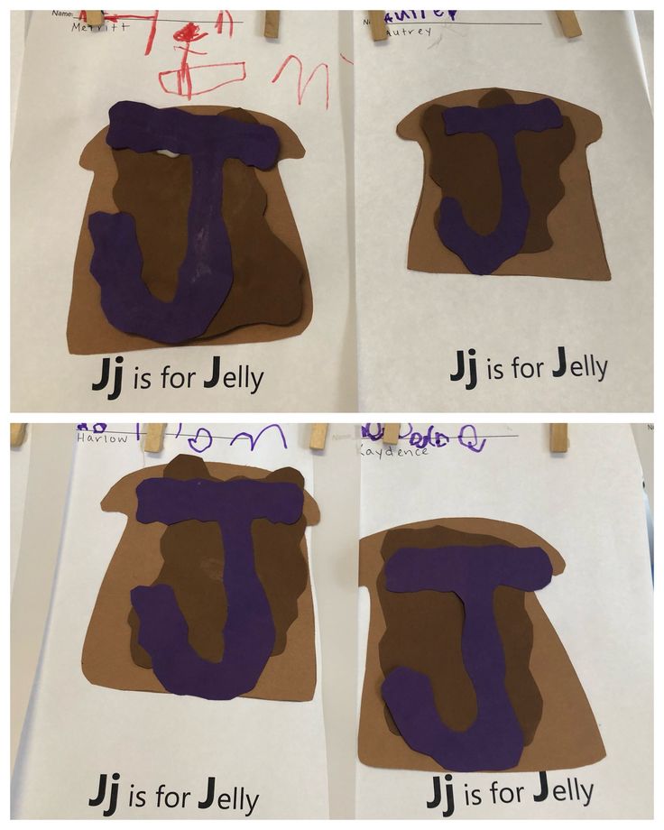 four pictures of different shapes and sizes of paper with the words j is for jelly on them