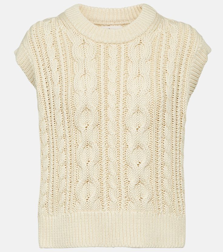 Hadden Cable Knit Sweater Vest in Beige - Velvet | Mytheresa Fall Cotton Sweater Vest With Pointelle Knit, Cotton Pointelle Knit Sweater Vest For Fall, Beige Textured Knit Sweater Vest, Fall Cotton Pointelle Knit Sweater Vest, Fall Cotton Textured Knit Sweater Vest, Fall Textured Knit Cotton Sweater Vest, Cotton Pointelle Knit Sweater Vest With Crew Neck, Sleeveless Textured Knit Cotton Sweater, Beige Cable Knit Sweater Vest