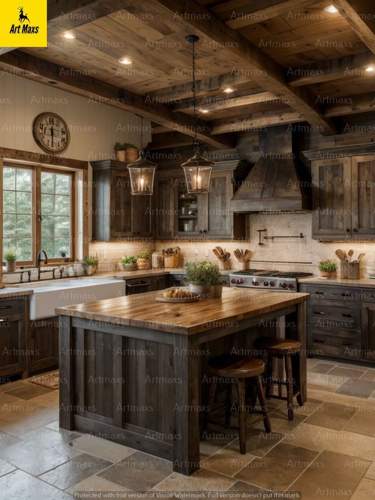 a large kitchen with wooden cabinets and an island