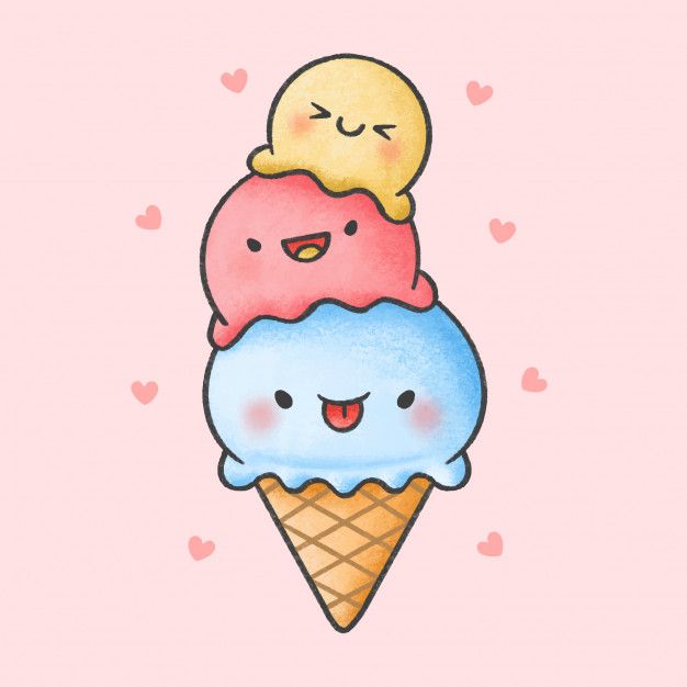 two ice cream cones with faces and hearts in the background on a pink wallpaper