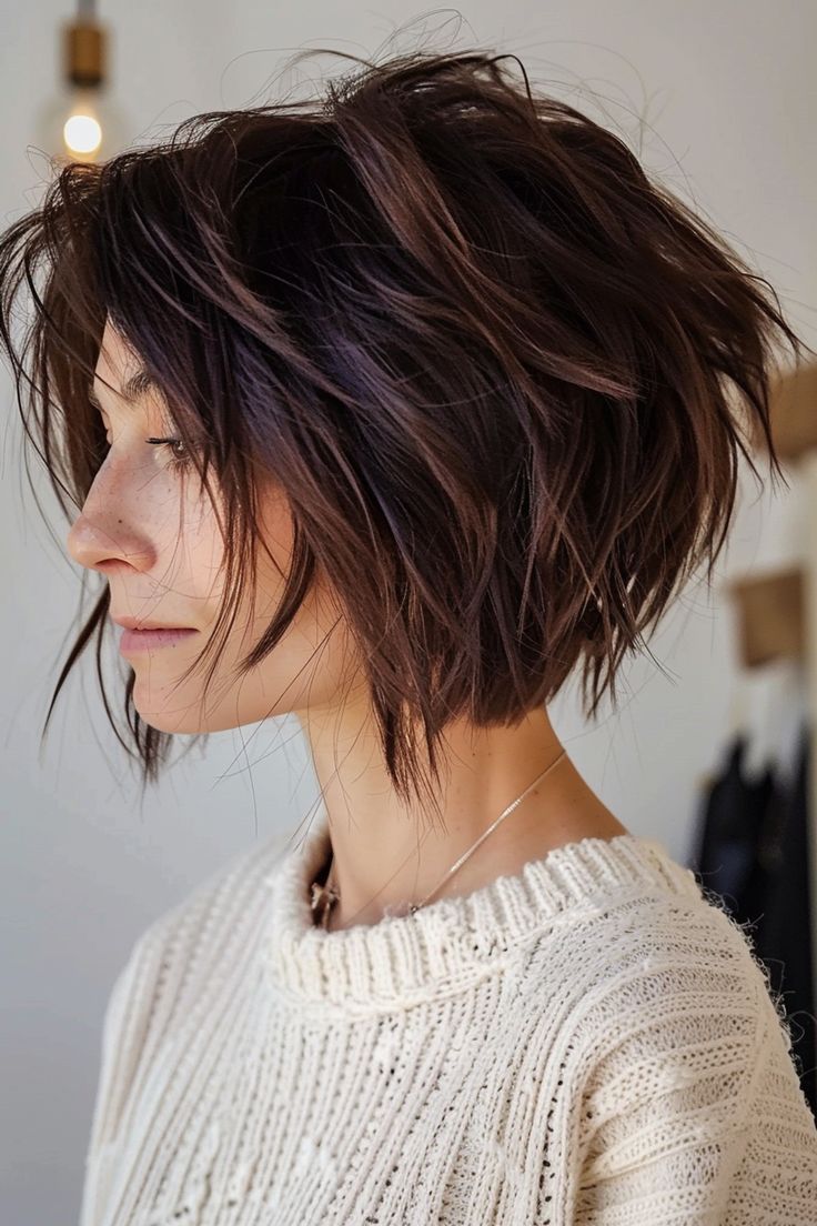 Shaggy stacked bob with subtle purple highlights. Cute Choppy Short Hair, Short Layers Hairstyle Women, Women’s Layered Medium Hair, Stacked Bob Haircut For Thick Hair, Bob Hairstyles Mid Length, Jaimie Alexander Hair, Messy Stacked Bob, Short Hair For Women In Their 40s, Choppy Bob Haircuts For Fine Hair