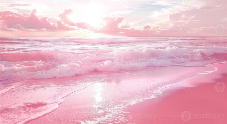 the sun is setting over an ocean with pink sand and waves crashing in to shore