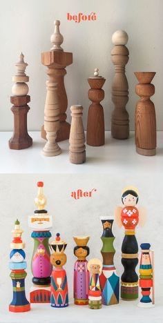 wooden chess pieces are stacked on top of each other in different colors and sizes, with the words before and after written above them