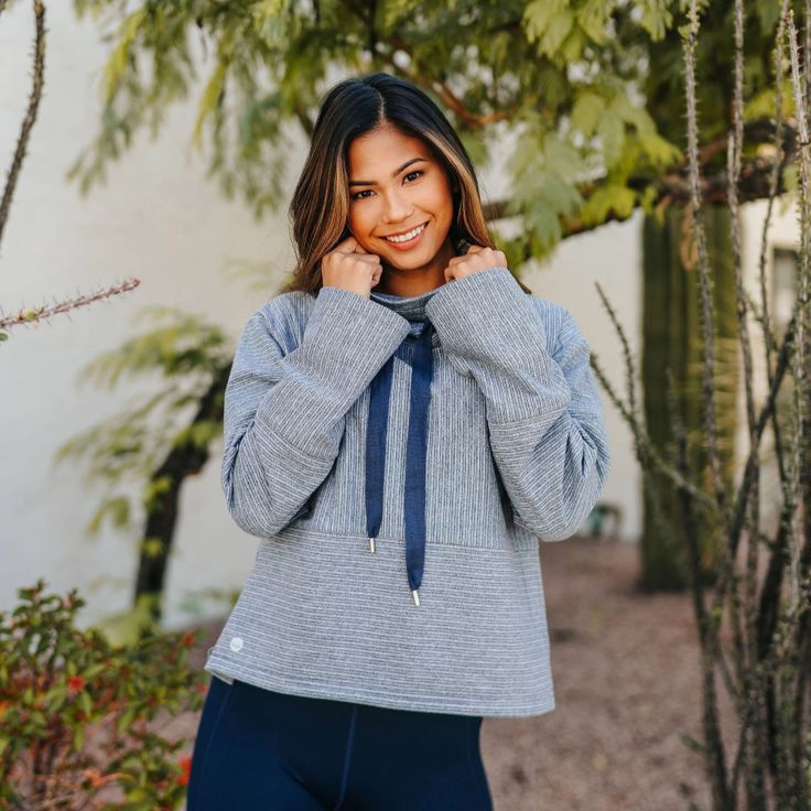 Going Places Pullover - Navy - Senita Athletics Brunette Models, Blonde Model, Going Places, Casual Outerwear, Cozy Pullover, Layered Tops, Hooded Cardigan, Sleeve Detail, Cowl Neck