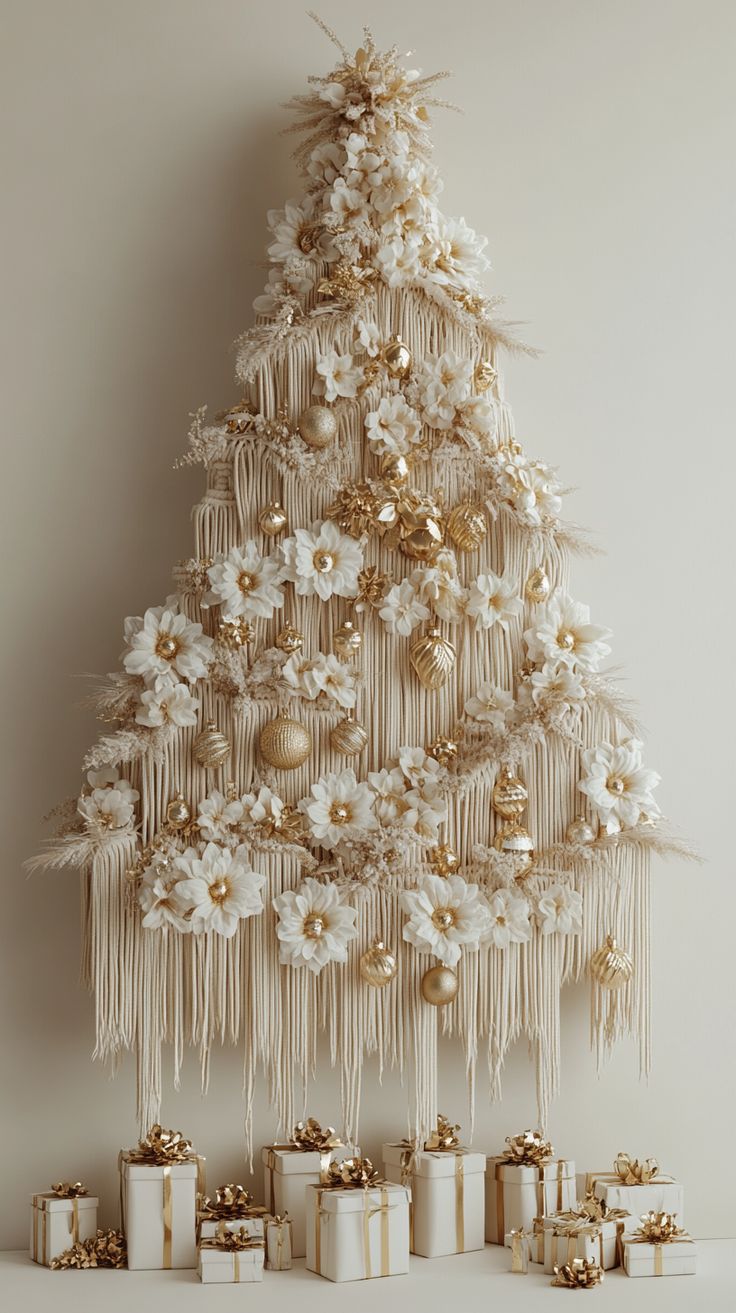 Macrame wall-mounted Christmas tree in beige and white, adorned with flowers, gold accents, and tassels, with presents below. White Boho Christmas Decor, Gold And White Christmas Aesthetic, Pearl Christmas Trees, Christmas Trees With Feathers, Winter Decor Inspiration, Stunning Christmas Trees, Gold And White Christmas Decorations, Spring 2025 Decor Trends, Boho Christmas Mantle Decor