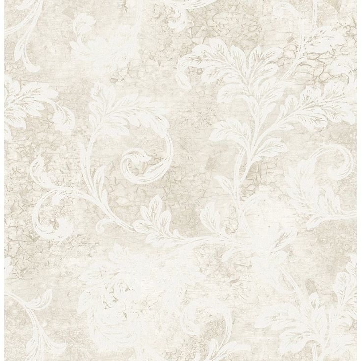 an old wallpaper with white flowers and leaves on the side, in shades of beige