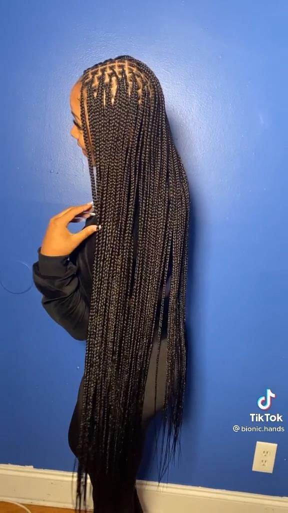 32 Inch Box Braids, Extra Small Box Braids Long, Long Knot Less Braids, Xs Knotless Braids Long, Small Thigh Length Knotless Braids, Extra Small Knotless Box Braids Long, Small Box Braids Long Black Women, Long Individual Braids, Small Long Box Braids