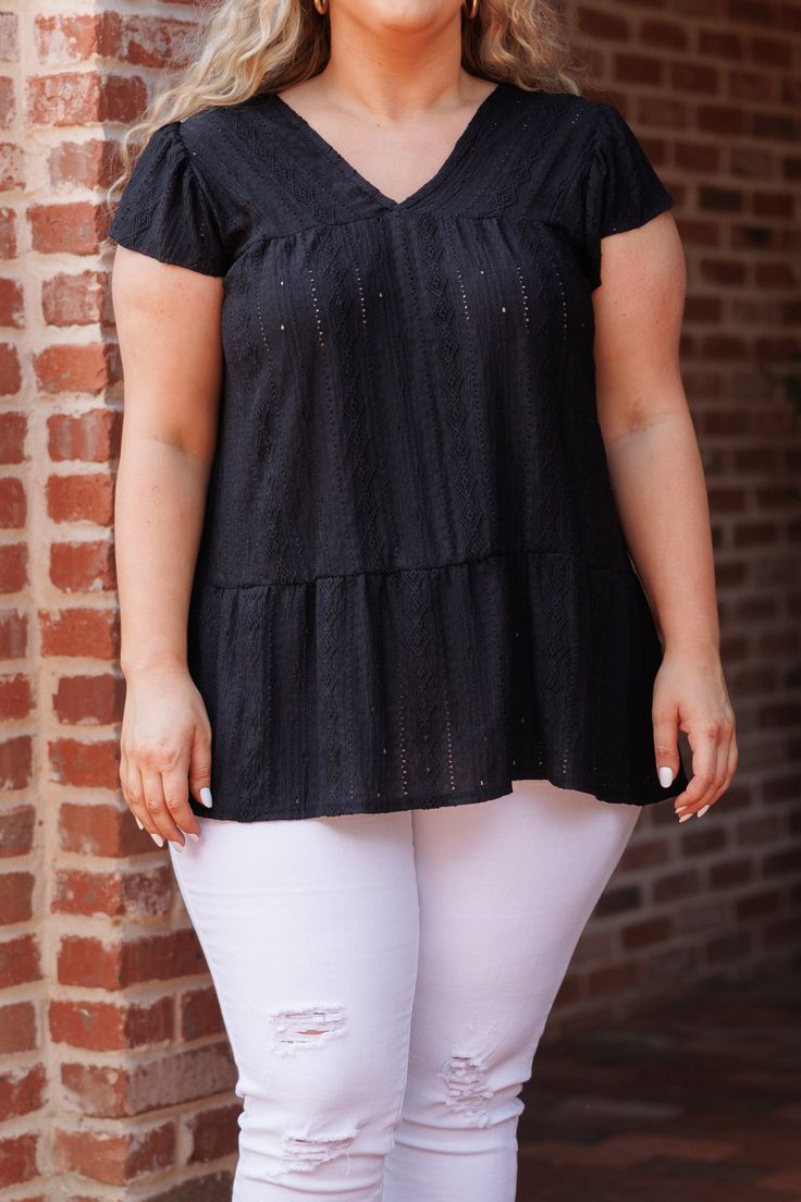 We know you will love this adorable top! This top in black is sure to turn heads with its unique lace detailing and flutter sleeves, making it a wardrobe essential! With its neutral color and modern design, this top is perfect for any occasion! 95% Polyester, 5% Spandex Chic Black Flutter Sleeve Tops, Black Flutter Sleeve Tops For Spring, Chic Tops With Lace Trim And Flutter Sleeves, Chic Lace Top With Ruffle Sleeves, Chic Soul, Model Fits, Flutter Sleeves, Neutral Color, Flutter Sleeve