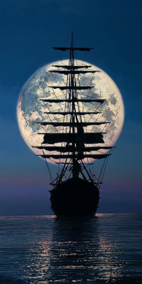 an old sailing ship floating in the ocean at night with full moon rising above it