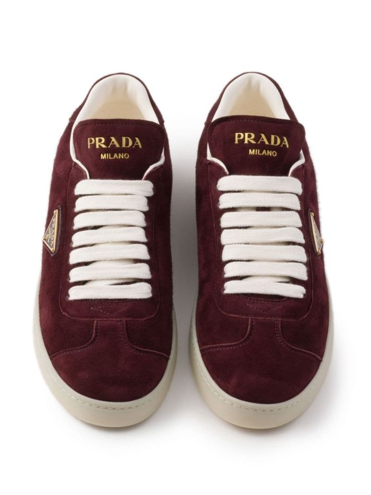 Find PRADA Suede Sneakers on Editorialist. burgundy calf leather/calf suede front lace-up fastening enamel triangle logo logo-print tongue branded heel counter round toe branded insole flat rubber sole Prada Sneakers, Flat Top Sunglasses, Red Flats, Prada Sunglasses, Brown Sneakers, Latest Sneakers, Red Logo, Triangle Logo, Sneakers Blue