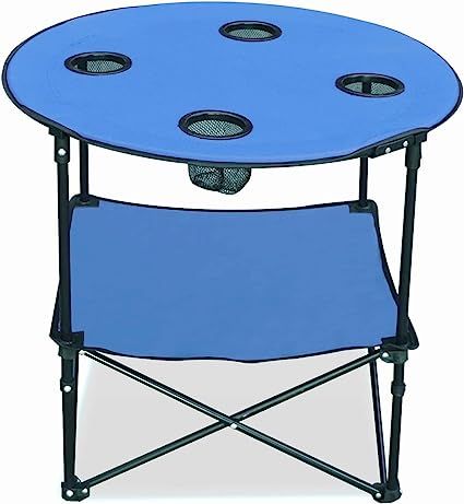 a blue table with three holes on it and a black frame around the top,