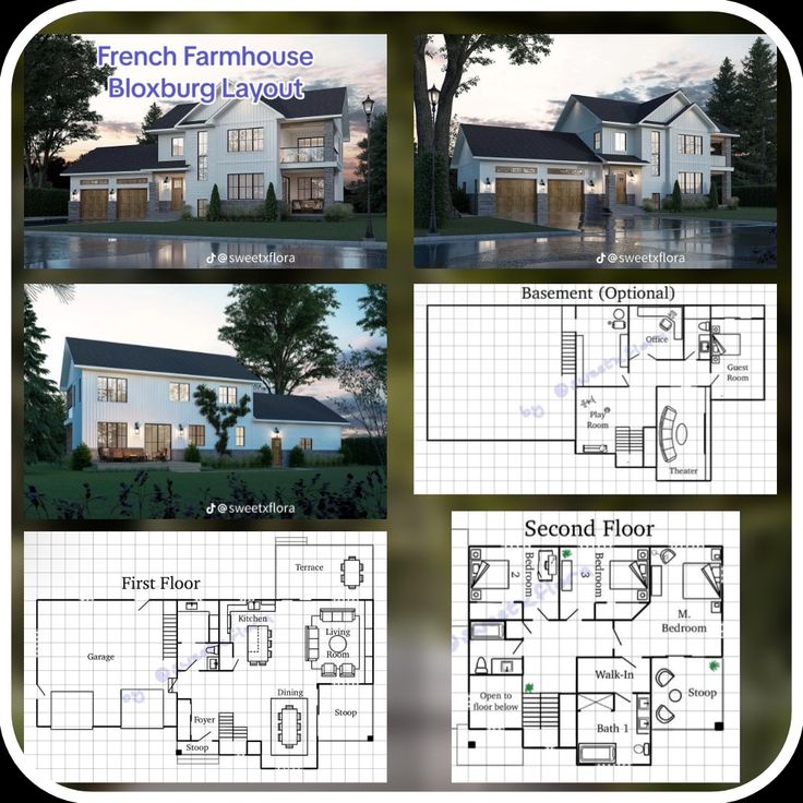 four different views of a house with floor plans