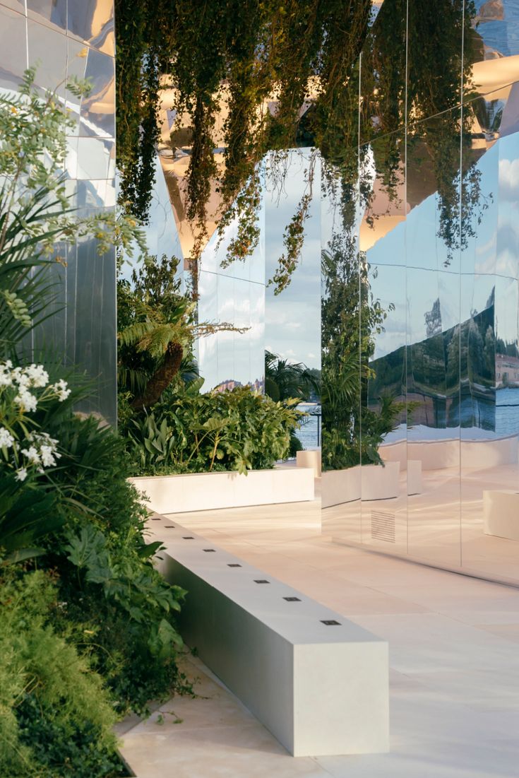 the reflection of trees and plants in glass walls is seen behind a planter with white flowers