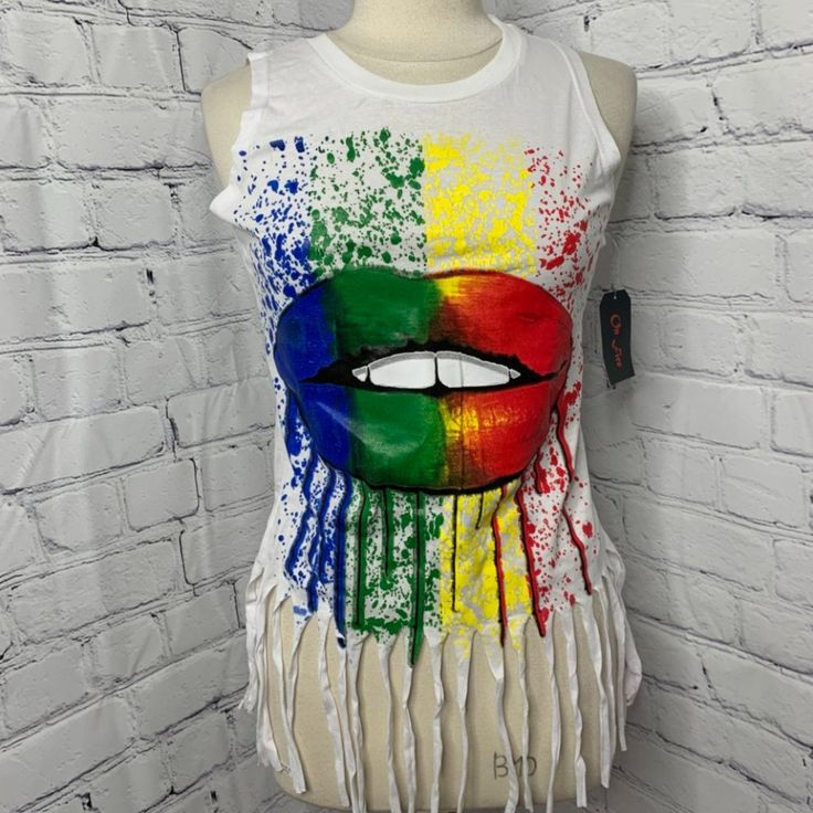 On Fire Fringe Tee. New Without Tags, Never Worn 100% Cotton #175 My Trendy Cotton Pride Tops, Multicolor Cotton Tops For Pride, Trendy Cotton Tops For Pride Festival, Trendy Cotton Tops For Pride, Fun Multicolor Tops For Pride, Fun Multicolor Pride Tops, White Cotton Top For Pride, White Cotton Tops For Pride Festival, Pride Cotton Graphic Tee