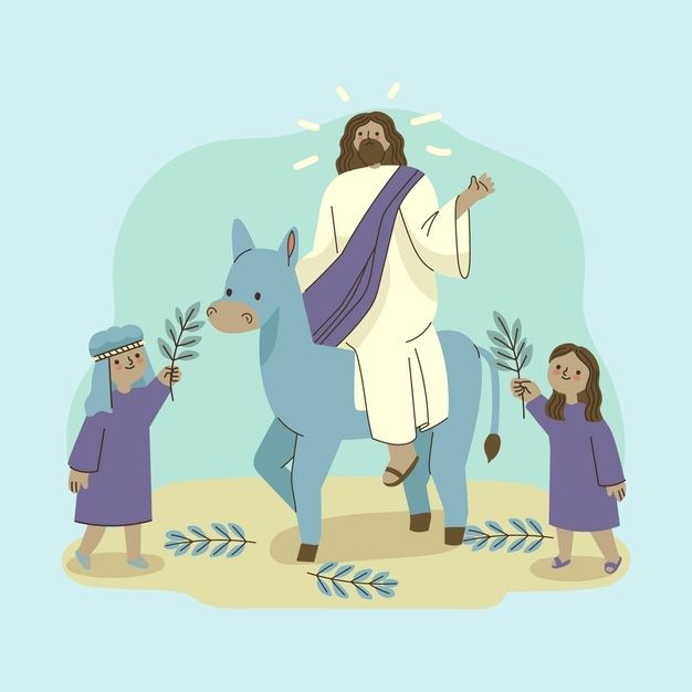 an image of jesus riding a donkey with two children standing around him and pointing at it