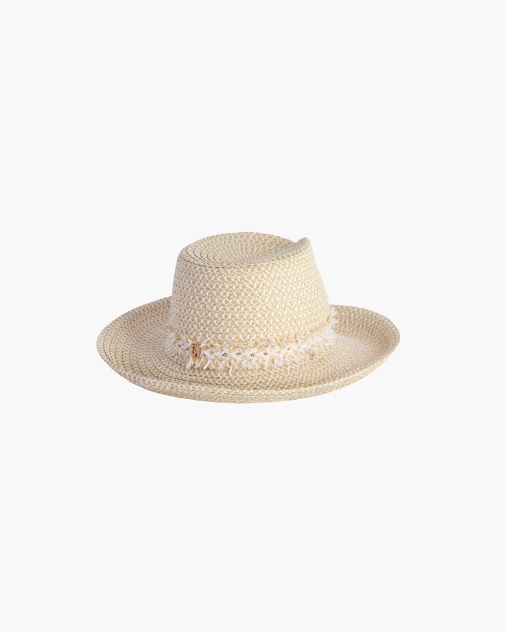 Tucson is a designer woman's sunhat for sale made of Squishee®. The modified Western shape has a fringe-edged band and a self-bolo braid chin strap with a wood bead to adjust and secure it. The signature logo rivet is discretely placed at the back of the crown. The wired brim permits shaping; push up the sides for more Western flare, or flatten them out for additional shade. Squishee® is a man-made material incorporating recycled fibers. It looks and feels just like natural raffia but has the ad Adjustable Western Style Panama Hat With Upf 50+, Western Style Adjustable Hat With Upf 50+, Western Natural Panama Hat With Upf 50+, Western Natural Panama Hat Upf 50+, Western Straw Hat With Upf 50+ Flat Brim, Tucson, Signature Logo, Straw Hat, Sun Hats