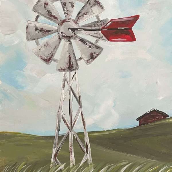 a painting of a windmill in a field with a red arrow pointing to the right