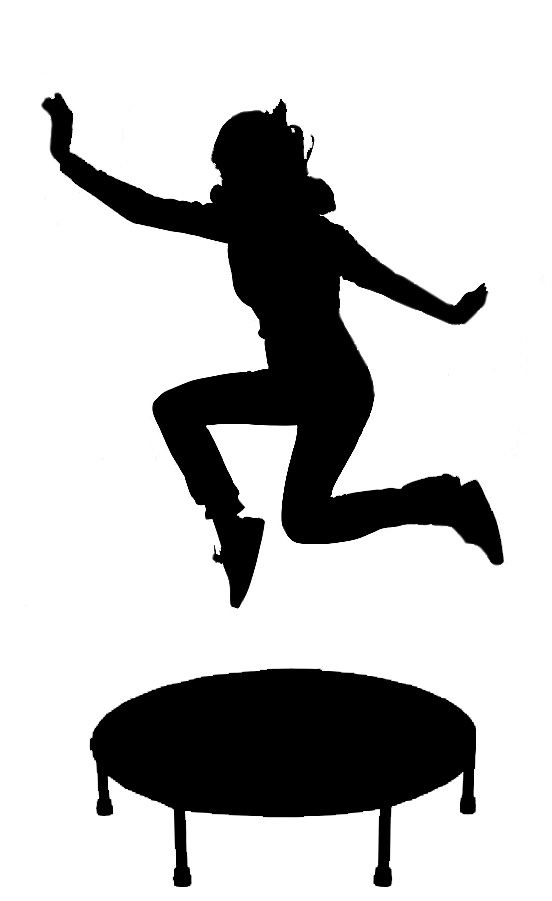 the silhouette of a woman jumping on a trampoline in front of a white background