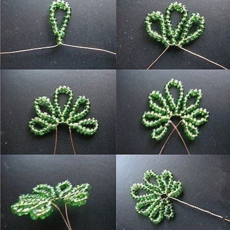 four pictures showing how to make beaded leaves with green beads and thread on black background