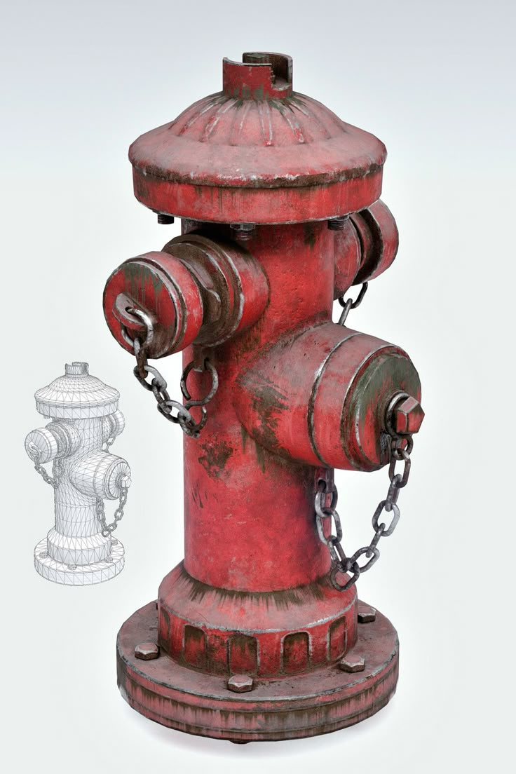 an old red fire hydrant with chains on it's sides and a white background