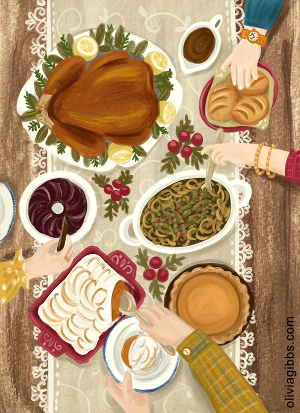 a painting of people sitting at a table with turkey and other foods on it,