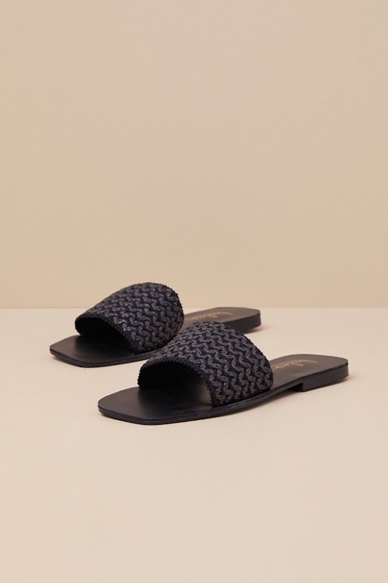 Sweeten up your sunny day 'fits with the addition of the Lulus Charra Black Raffia Woven Flat Slide Sandals! These must-have summer sandals have a woven raffia construction that shapes a wide vamp strap atop a trendy square footbed. The simple, slide-on design allows for effortlessly cute styling on the daily! Available in whole sizes only. 0. 5" rubber heel. Smooth insole. Rubber sole has nonskid markings. Man made materials. Imported. Lulus | Charra Black Raffia Woven Flat Slide Sandal Heels | Size 9. Sandals Flat, Sandal Heels, Woven Raffia, Summer Sandals, Rubber Heels, Sunny Day, Sandals Summer, Slide Sandals, Sunny Days