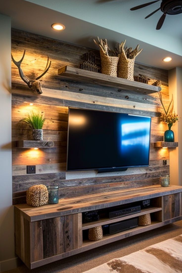 a living room with a large television mounted to the wall