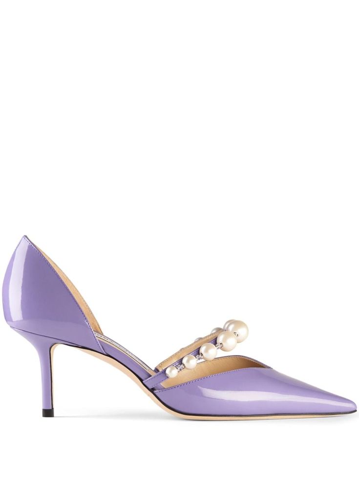 lavender purple leather patent finish faux-pearl detailing pointed toe branded leather insole mid heel leather sole Purple Designer Heels, Luxury Chic Purple Heels, Purple Leather Pointed Toe Heels, Luxury Purple Pointed Toe Heels, Jimmy Choo Purple Heels, Purple Heels, Jimmy Choo Heels, Purple Shoes, Chanel 2