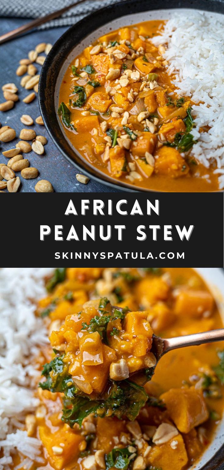 african peanut stew in a bowl with rice and peanuts