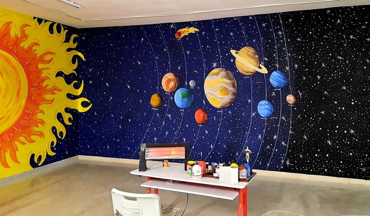 a room with solar system painted on the wall