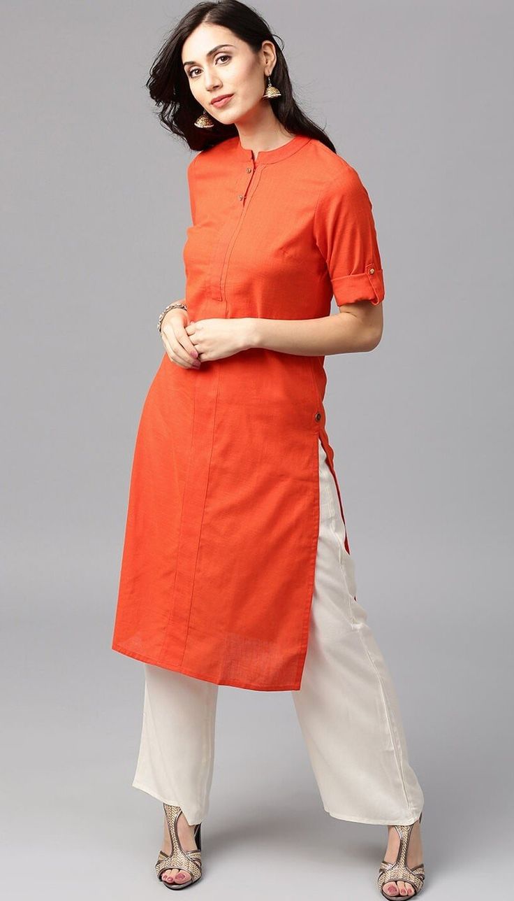 Flex Cotton Orange Colour Kurta with Offwhite Palazzo Plazo Suits, Curated Outfit, Kurta Style, Kurti Patterns, Kurti Designs Latest, Long Kurti Designs, Kurta Neck Design, Diy Clothes Design, Cotton Kurti Designs