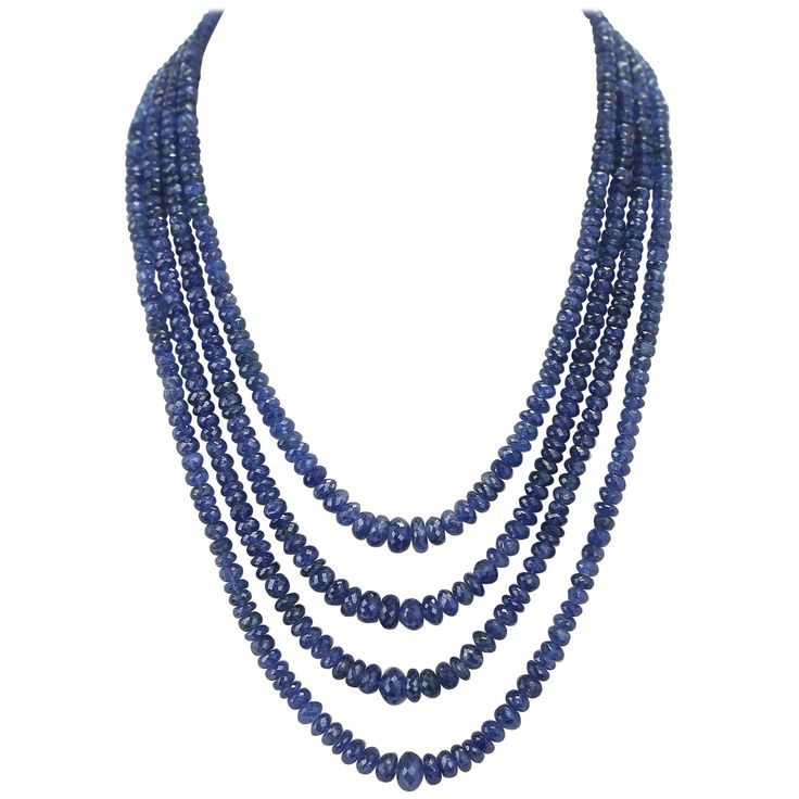 A Genuine & Natural Necklace of Fine Blue Sapphire Faceted Beads. The length ranges from 17.50 to 22" and the beads range from 4.50 to 9.50MM. The beads weigh 665 carats and the total necklace weighs 689.90 carats. The clasp is silver and has diamonds on it, weighing 24.25 carats. We can also customize the necklace according to your preferences, as per the number of strands, the size of the beads, the weight, the clasp, etc. Please contact us for more information. Natural Necklace, Seed Necklace, Necklaces Beaded, Multi Strand Beaded Necklace, Beads For Sale, Dream Party, Gold For Sale, Vintage Beads Necklace, Nature Necklace