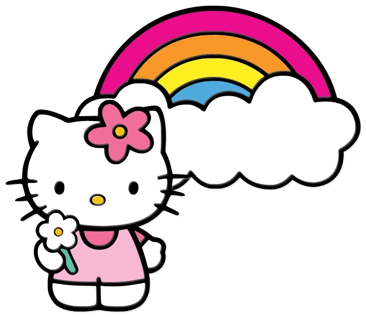 a hello kitty holding a flower in front of a rainbow with clouds and a cloud