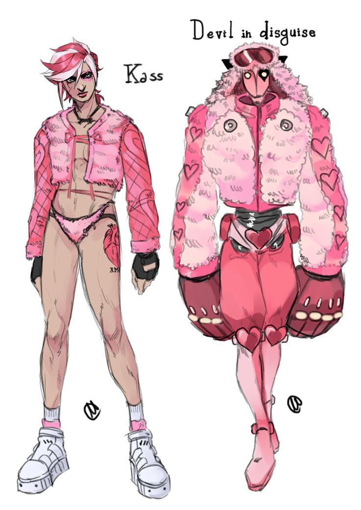 two drawings of people in pink outfits and one is wearing an animal - like outfit