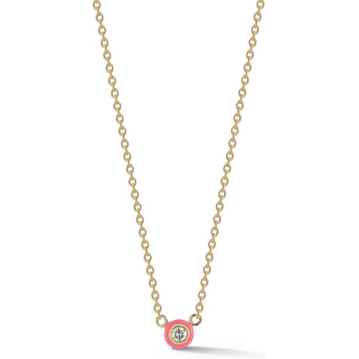 Sofer Jewelry - Single Diamond With Pink Enamel Bezel Necklace in 14K Yellow Gold Fine Jewelry Necklace With Smooth Bezel Round Pendant, Fine Jewelry Necklace With Smooth Bezel, Dainty Yellow Gold Necklace With Smooth Bezel, Diamond Round Pink Gold Necklace, Pink 14k Gold Jewelry With Bezel Setting, 14k Yellow Gold Necklace With Bezel Setting, Luxury 14k Gold Pink Necklace, 14k Gold Necklace With Smooth Bezel For Gifts, 14k Gold Necklace With Smooth Bezel As Gift