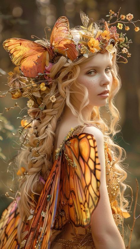 a woman with long hair and butterfly wings on her head, wearing a dress made out of butterflies