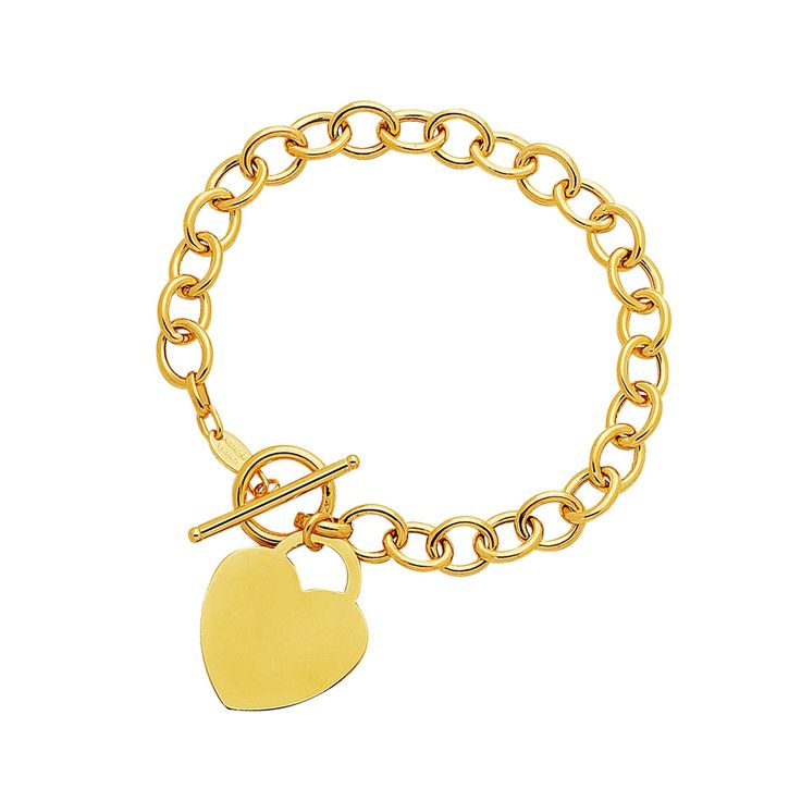 A classic link bracelet with toggle ends crafted in 14K yellow gold and featuring a dangling heart charm. Luxury Chain Bracelet With Heart Charm As Gift, Luxury Gold Bracelet With Heart Charm For Women, Luxury Heart Charm Bracelet Jewelry, Luxury Adjustable Bracelets With Gold Clasp, Luxury Jewelry With Toggle Clasp As Gift, Cheap Adjustable Heart Shape Charm Bracelet, Luxury Gold Charm Bracelet With Heart Charm, Luxury Heart-shaped Bracelet With Polished Finish, Luxury Bracelets With Heart Charm