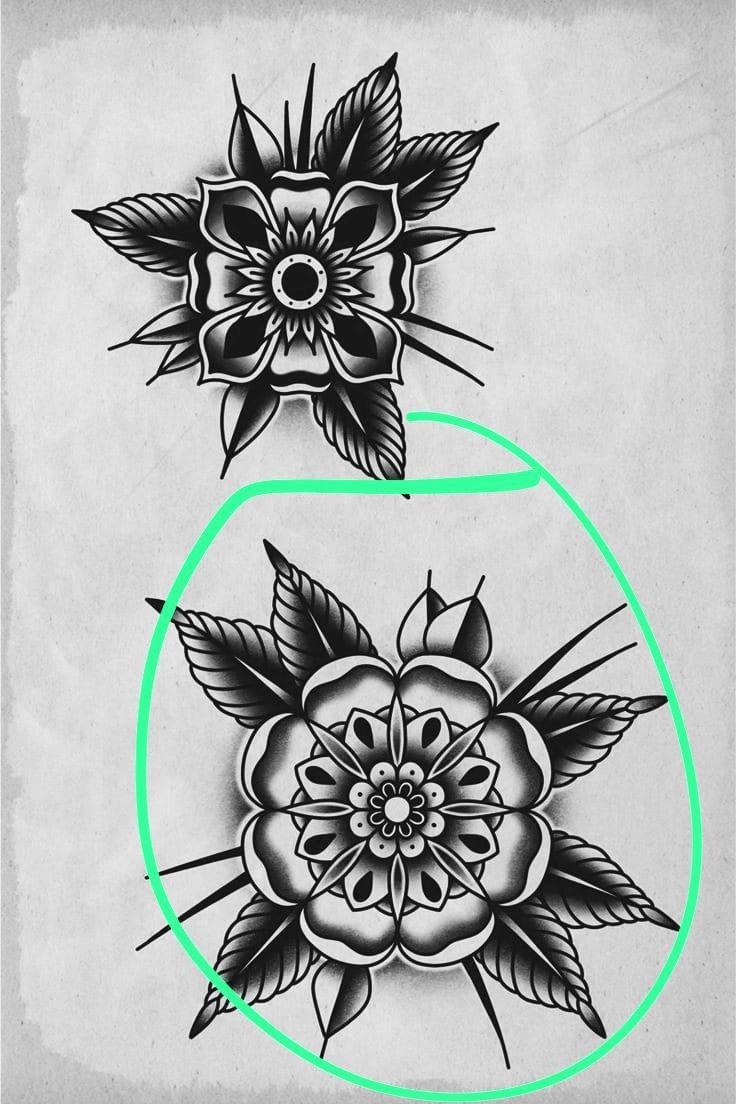 two black and white flower tattoos on an old sheet of paper with the same design