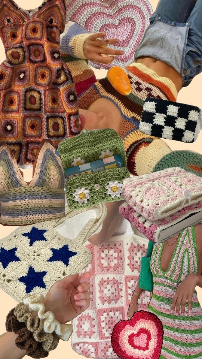 several crocheted hats and purses are arranged in a collage with images of women's clothing