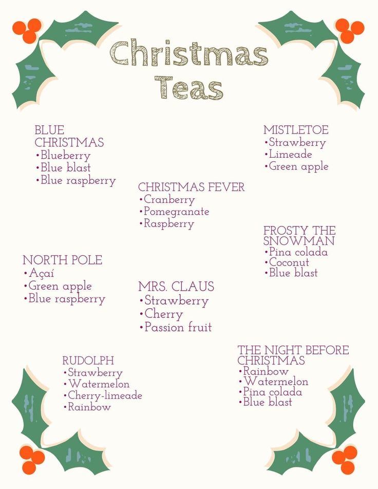 the christmas tea list is shown in purple and green