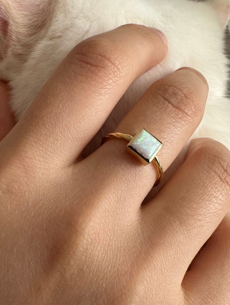 Opal Ring | White Opal Ring | Light Blue Opal | Square Opal Ring | Twisted Ring | Gift For Her | 14k Solid Gold Classic Opal Moonstone Ring As Gift, Modern Gold Opal Ring For Anniversary, Modern Gold Opal Rings, Minimalist Gold Opal Rings, Minimalist 14k Yellow Gold Opal Ring, Stackable 14k Gold Opal Ring, Modern Yellow Gold Opal Ring Gift, Minimalist Yellow Gold Opal Ring, Adjustable 14k Gold Opal Ring Gift