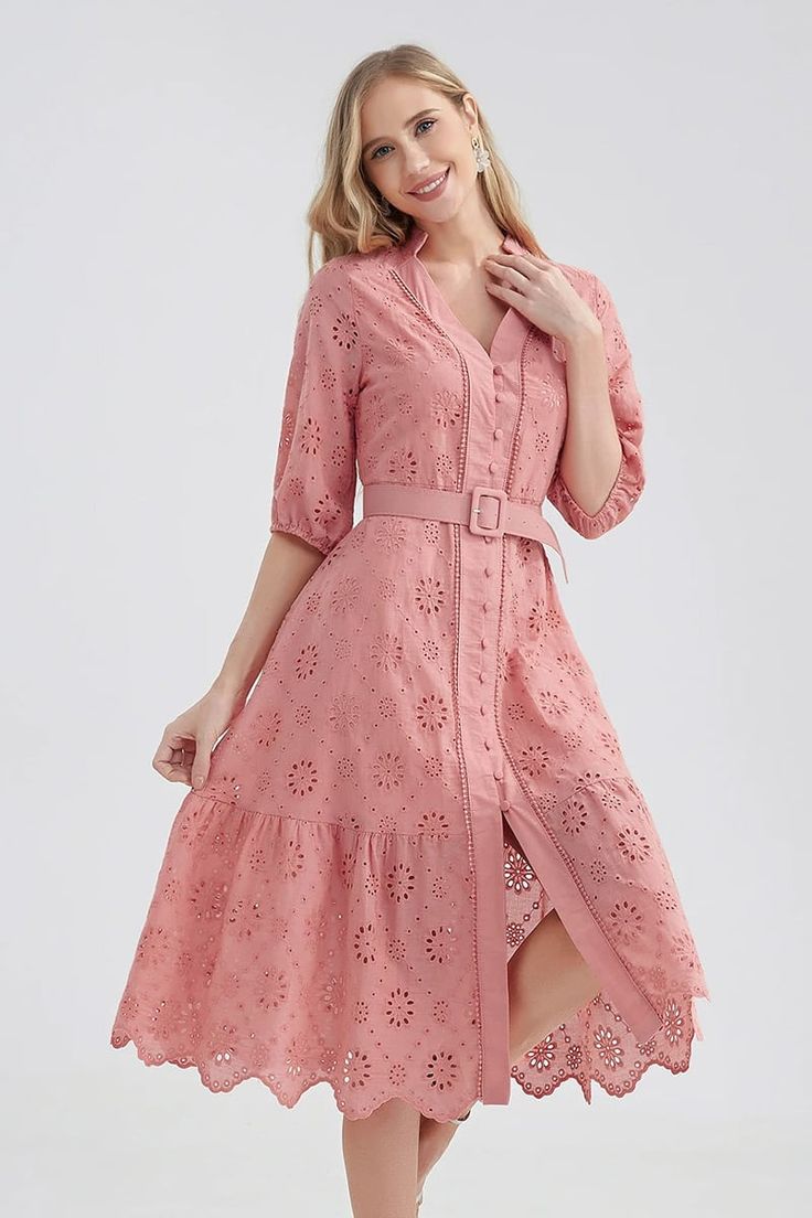 Vacation Romance Eyelet Midi Dress Chic V-neck Eyelet Dress, Fitted V-neck Eyelet Dress, Chic Eyelet V-neck Dress, Feminine Midi Length Eyelet Dress, Spring V-neck Hollow Out Midi Dress, Feminine Midi-length Eyelet Dress, Feminine Eyelet Midi Dress, Spring Hollow Out V-neck Midi Dress, Feminine Eyelet Dresses For Daywear