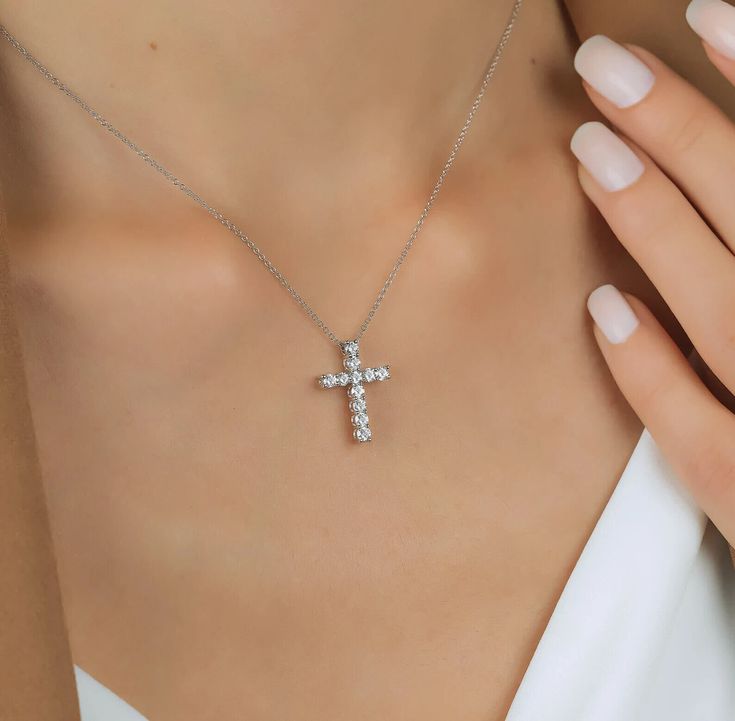 14K SOLID WHITE OR YELLOW GOLD 0.55 CARAT NATURAL DIAMOND CROSS NECKLACE Cross Height : 18.50mm Cross Width : 13.50mm Cross Thickness : 4mm Necklace Weight : 2.8gr Diamond Weight : 0.55 Carat --- G Color SI Clarity Diamond : 11 Diamonds-- Each Diamond 2.4mm--Very Nice White Color Sparkle Diamonds Item No : LRP123-5 --MADE IN USA-- ---Absolutely stunning. Comes in a gift box. Here is a beautiful , delicate and simple, yet classy cross necklace with diamonds. This is 14k Solid White Gold Cross Nec Diamond White Fine Jewelry Cross Necklace For Anniversary, Classic Diamond Cut Cross Necklace For Formal Occasions, Diamond White Cross Necklace For Anniversary, Classic Formal Cross Necklace With Diamond Cut, Diamond White Cross Necklace With Diamond Cut For Anniversary, Diamond Cut Cross Necklace In Diamond White For Anniversary, Classic Diamond Cut Cross Necklace, Formal White Gold Cross Necklace With Diamond Cut, Anniversary White Gold Diamond Cross Necklace