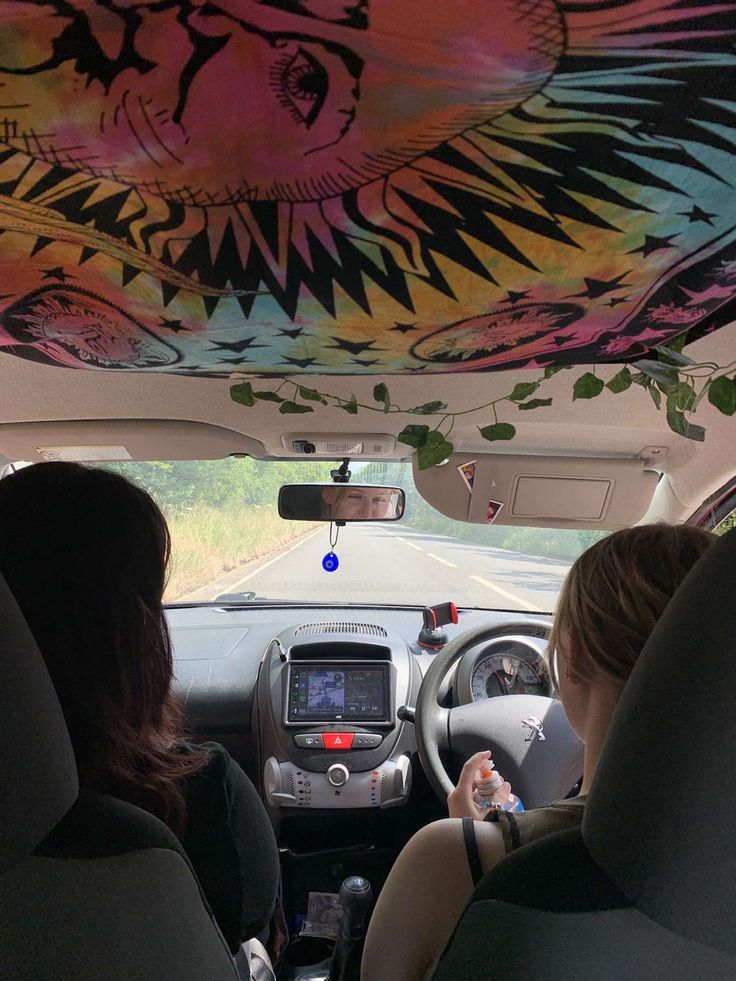 two women in the back seat of a car with an animal painted on the ceiling