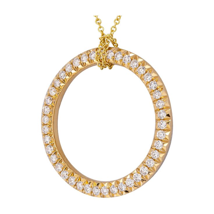 Diamond Circle of Life Necklace Mounted in 18k Yellow Gold This open circle pendant, encrusted with 42 round brilliant diamonds set in 18K yellow gold, is a gorgeous example of a classic motif symbolizing eternity and never, ending love. It's 1-inch diameter is perfect for everyday style. TCW: ~1ct Chain Length : 16" adjustable Weight: 7.9gr Circle diameter: 26.7mm Comes in showcase box, Appraisal available upon request David Yurman Jewelry, Circle Diamond, Circle Of Life, Circle Pendant, Brilliant Diamond, Chain Lengths, Round Brilliant, Diamond Jewelry, Jewelry Necklace Pendant