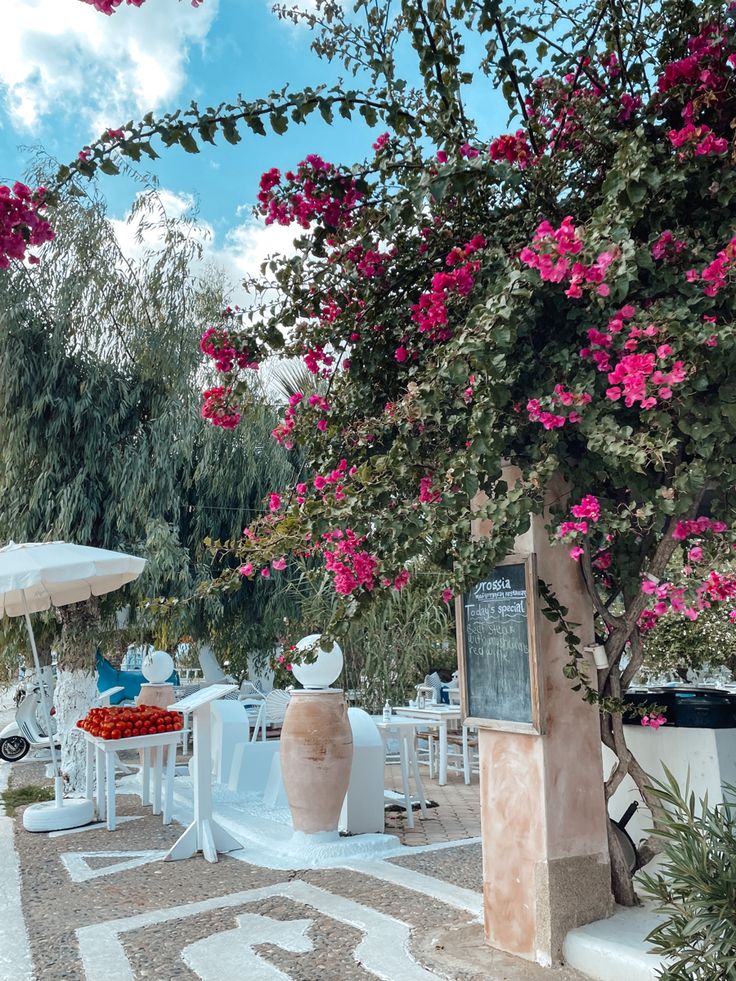 an outdoor dining area with tables, chairs and umbrellas in blooming bougaia