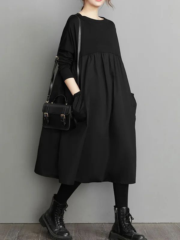 Effortless Elegance: Loose Black Midi Dress with Split-Joint and Long Sleeves Simple Black Dress, Fur Scarf, Black Midi, Effortless Elegance, Long Sleeve Midi, Long Sleeve Midi Dress, Black Midi Dress, Midi Dresses, Vintage Denim